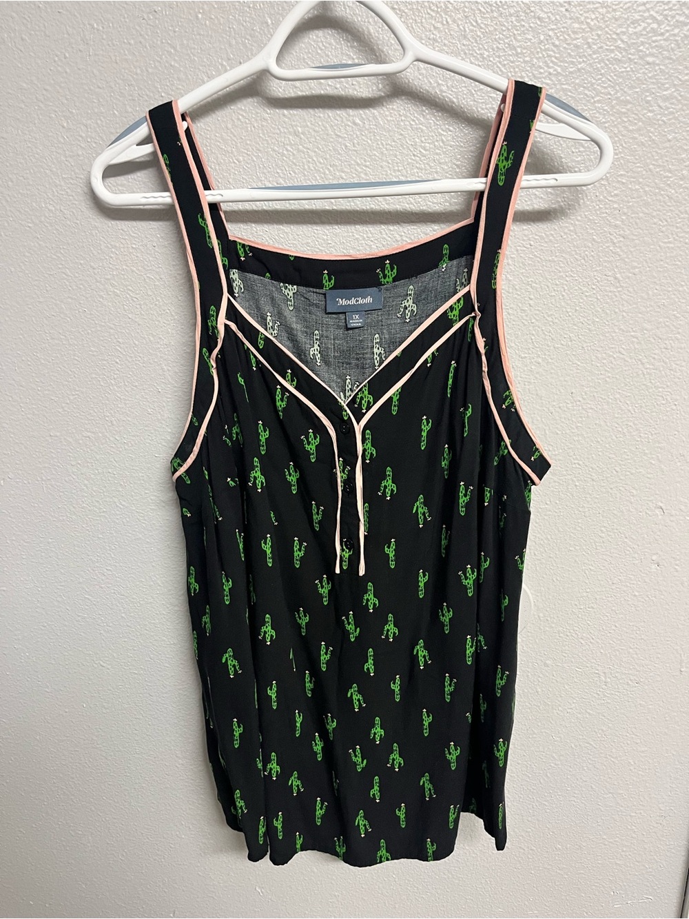 ModCloth Black Tank Top with Green Cactus Print and Pink Trim